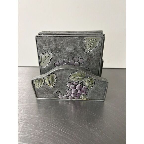 A. Richesco Corporation Metal Handpainted Raised Flower/Fruit Art Coaster Set - Picture 8 of 8